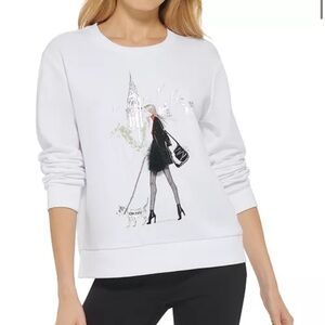 DKNY Women's Dog Walking-Motif Crewneck Sweatshirt Black/ivory Size L